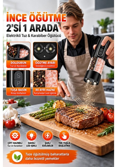 Auhma Ahb-15 Akıllı Led Ekranlı Şarjlı Otomatik Tuz Karabiber Öğütücü 3 Hız Ayarlı Seramik Bıçaklı Siyah