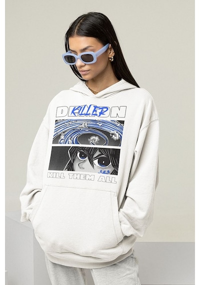 Demon Killer Baskılı Unisex Oversize Kill Them All Anime Hoodie Beyaz