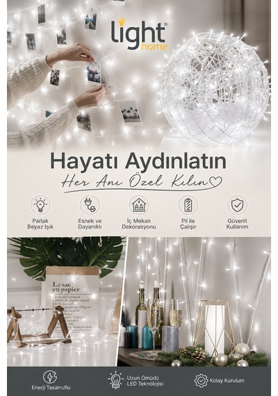 Kablolu Led Işık Zinciri Beyaz Dekoratif Led Aydınlatma Oda Duvar Yatak Odası Parti Yılbaşı Süsü 3 Metre 20 Led