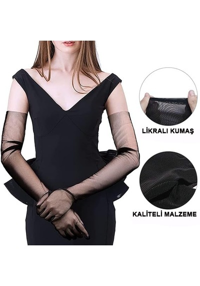 Uzun Boy Likralı Siyah Renk Yetişkin Mega Tül Eldiven 53 Cm 5691 "