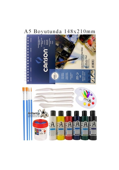 Canson Çok Amaçlı Sanatsal Blok A5 200 Gr 20 Yaprak 1 Adet 6 Renk Akrilik Boya Fırça Palet Spatula Fırça Temizleme Kabı