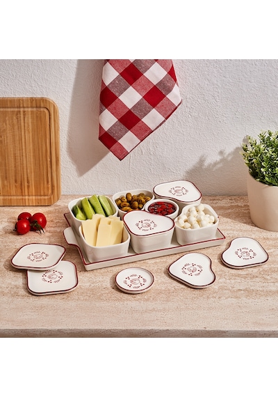 Aryıldız Bird Red 15 Parça Tepsili Oval Kahvaltılık Çok Renkli