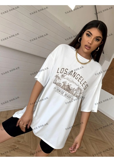 Tarzsokak Unisex Bay Hindistan Cevizi Ağacı Ve Harf Grafikli Drop Omuz Tişört Kod-1313 Beyaz