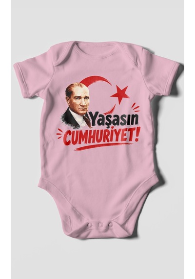 Morivokids Yaşasın Cumhuriyet Kısa Kollu Bebek Body %100 Pamuk Koyu Pembe