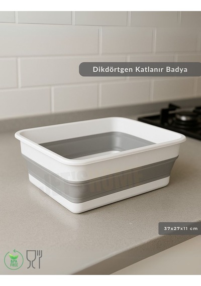 Katlanır Badya - Akordiyon Katlanabilir Dikdörtgen Kova 8 L - Beyaz/gri - Bpa Free Beyaz Gri