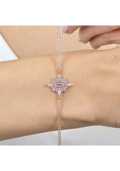 Pink Taşlı Hanedan Nişanı Rose Renk Vintage Gümüş Bileklik