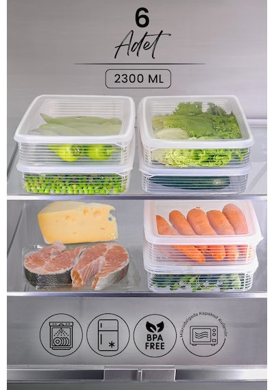 Kitchen Life 6 lı 2300 ML Buzdolabı ve Mikrodalga Saklama Kabı - Buzdolabı Organizeri Saklama Kutusu Şeffaf
