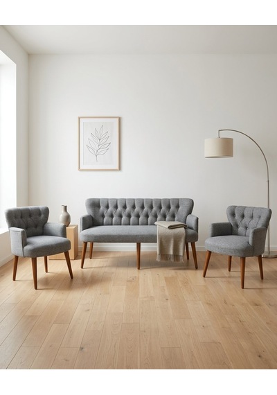 Roma 3+1+1 Keten Kumaş Balkon Ofis Çay Seti Bekleme Koltuk Takımı - Ahşap Ayak - Açık Gri