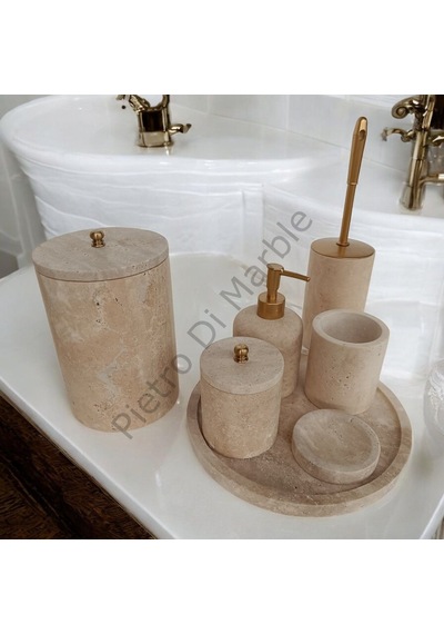 Sarı Traverten Klasik Model 7 Parça Mat Gold Renk Düğme Aksesuarlı Banyo Seti Sarı Traverten