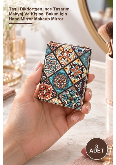 3 Adet El Aynası Taşlı Dikdörtgen İnce Tasarım, Makyaj Ve Kişisel Bakım İçin Hand Mirror Makeup Mirror Diğer