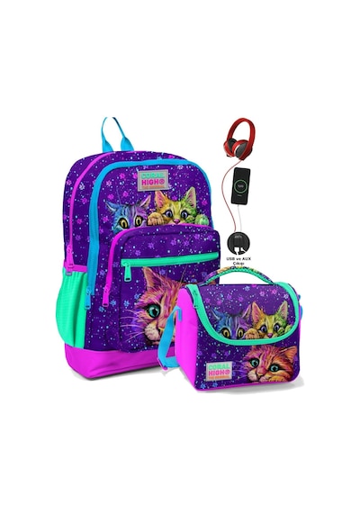 Coral High Okul Çantası Ve Beslenme Çanta Seti - Usb Soketli Mor Kedi Kız Çocuk