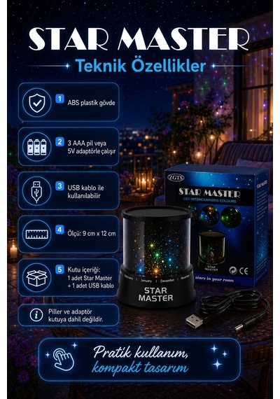 Tavan Ve Duvar Yansıtmalı Renk Değiştiren Yıldız Projektör Gece Lambası Çok Renkli