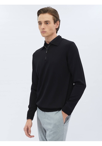 Kip Siyah Polo Yaka Düz Örgü Triko 656011 Siyah