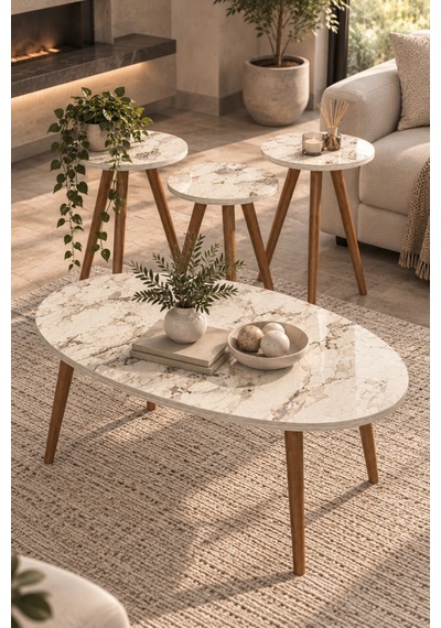 Sulorahome 4'lü Elips Sehpa Seti Mermer Desenli Bej Efes Tasarım Abanoz