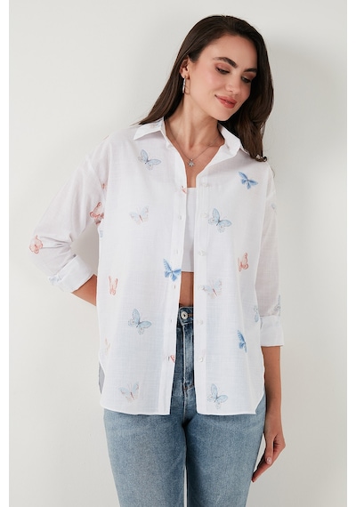 Lela Pamuk Ve Keten Karışımlı Regular Fit Desenli Bayan Gömlek 6773195 Ekru
