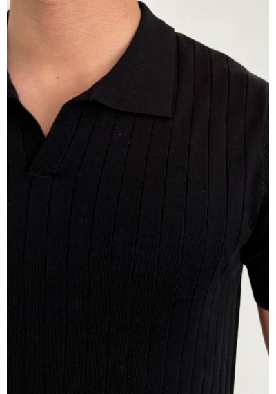 Cool Tarz Erkek Slim Fit Fitilli Polo Yaka Triko T-shirt Siyah Siyah