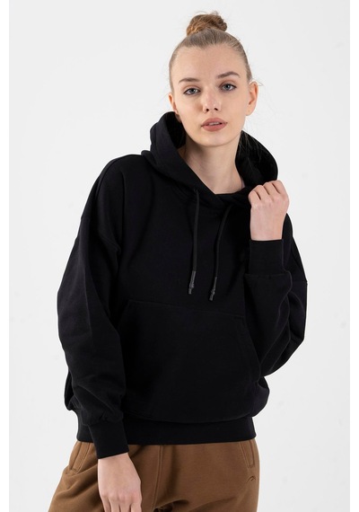 Maraton Oversize Kadın Kapüşonlu Siyah Sweatshirt Siyah