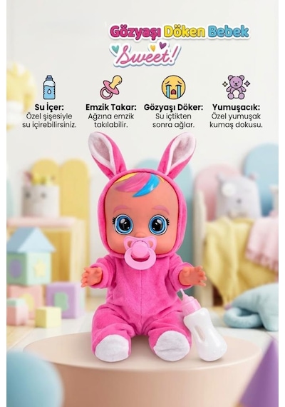 TıfılToys Fuşya Kostümlü Ağlayan Ve Konuşan Et Bebek Emzikli Ve Biberonlu İnteraktif Oyuncak Bebek