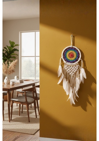 El Yapımı Rengarenk Desenli Ahşap Boncuklu Örgülü Makrome Ev Bohem Duvar Dekorasyonu Dream Catcher