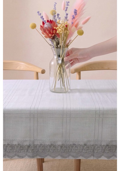 Gri Keten Efektli Leke Tutmaz Masa Örtüsü 150x220 Cm