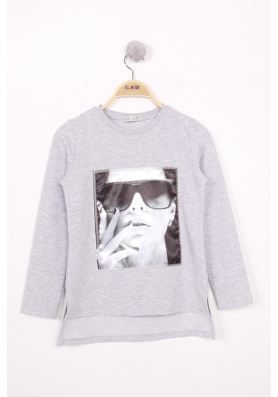 Toontoy Kız Çocuk Gözlüklü Kız Baskılı Sweatshirt Gri Melanj