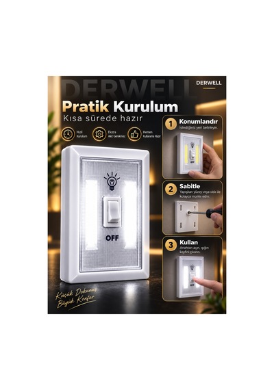 Kablosuz Cob Led Duvar Lambası - Pilli Pratik Led Gece Lambası Anahtarlı Işıldak - Ev Ofis Dolap İçi Gardırop Karavan Merdiven Aydınlatması Mıknatıslı Taşınabilir Lamba