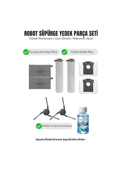 Dreame Aqua10 Ultra Roller İle Uyumlu 2 Yan Fırça 2 Filtre 2 Mop 1 Deterjan 2 Toz Torbası 5.0