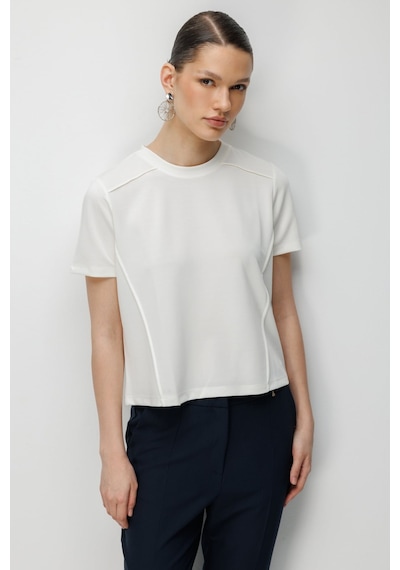 On Kadın Dikiş Detaylı Sıfır Yaka T-shirt 71458 Ekru Ekru
