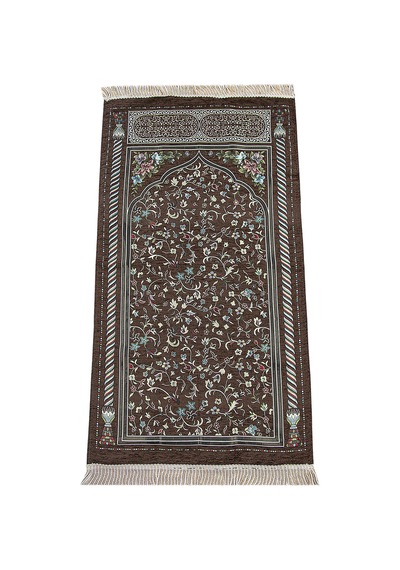 Kahverengi Çiçekli Ravza Desenli Astarlı Şönil Seccade 001