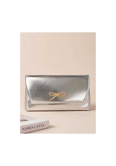 Names Bag Fiyonk Taş Detaylı Zincir Askılı 2 Bölmeli Abiye Çanta Gümüş Gümüş