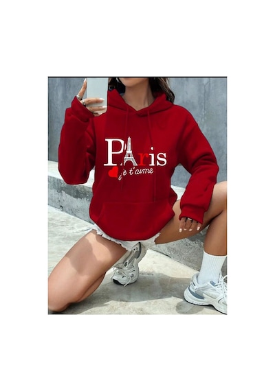 Medinenur Paris Jet Avme Baskılı Kapüşonlu Cepli Sweatshirt Kırmızı