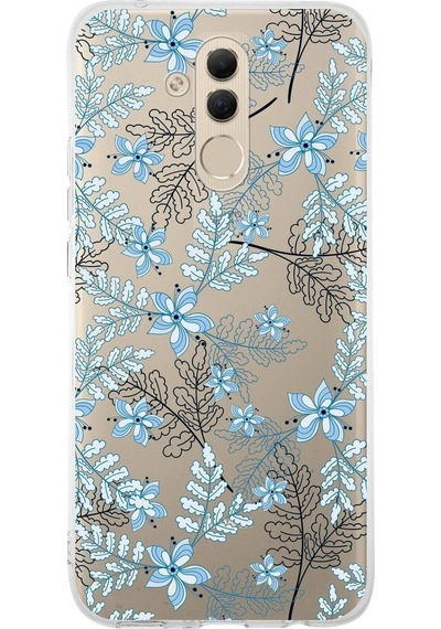 Huawei Mate 20 Lite Uyumlu Kapak Floral Mavi Tasarımlı Şeffaf Silikon Kılıf
