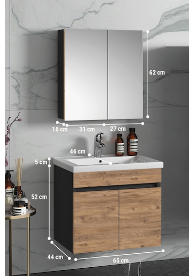 Çiğdem 65 Cm Antrasit Gri Mat-Atlantik Çam Mdf Seramik Lavabolu A Antrasit - Atlantik Çam