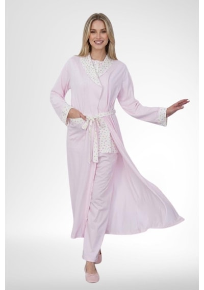 Mecit Pijama Mecit 6398 Pembe Kadın Uzun Sabahlık Boydan Düğmeli Pijama Takımı