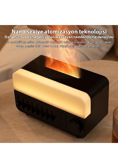 Ezere A14 Bluetooth Hoparlörlü Alev Efektli 8 Sesli Renkli Alev Görünümlü Aromaterapi Difüzörü Ultrasonik Hava Nemlendici
