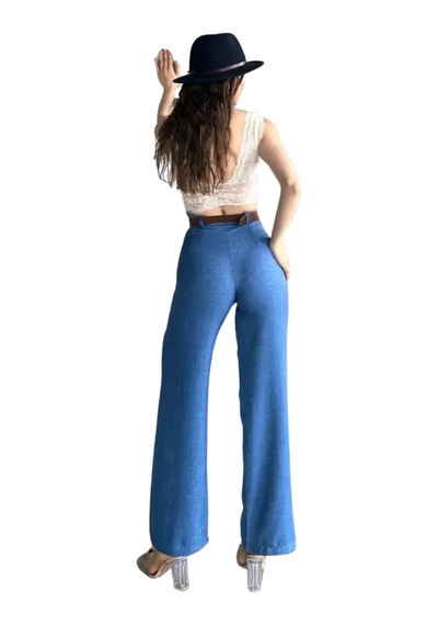 Kemerli Keten Pantolon -mavi