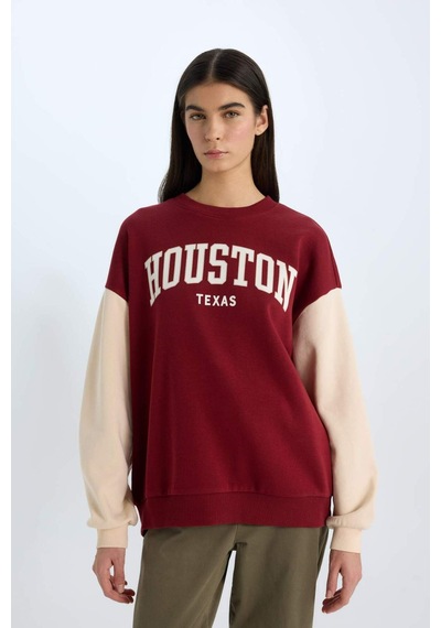 DeFacto Oversize Geniş Kalıp Bisiklet Yaka Baskılı Kalın Sweatshirt E3228AX24WNBR169
