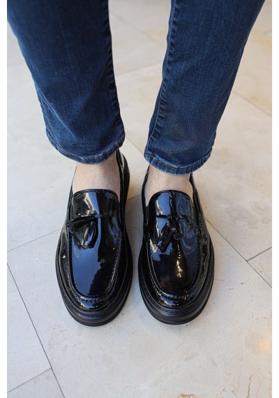 Roof Atelier Erkek Siyah Rugan Püskül Detaylı Loafer Ayakkabı - 127 - Rst Loafer-x Siyah