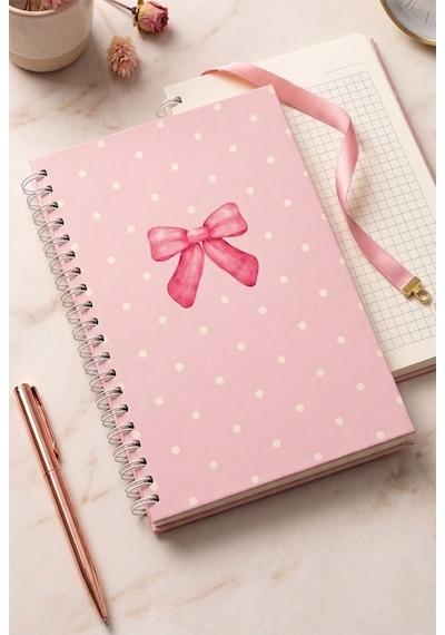 Kurdele Desenli Sert Kapak Spiralli Kareli Defter 17x24cm 120 Yaprak 1 Adet Not Defteri Okul Büro Ofis Defteri Pembe