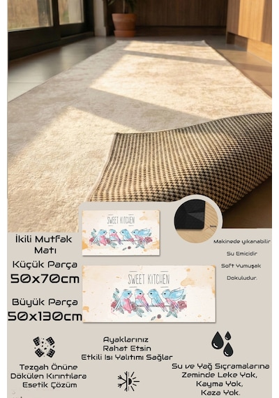 Valerine Life Mutfak Yolluğu Halısı Sweet Kitchen Krem Renk Tezgah Önü Paspası İkili Kilim Takımı Dö Siyah
