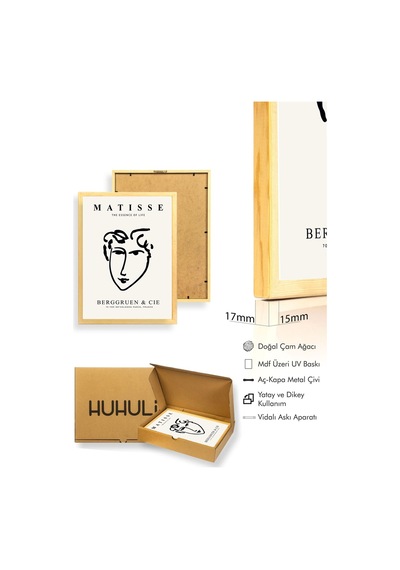 Doğal Ahşap Çerçeveli Minimalist Yüz Desenli Tablo - Soyut Huhu1604