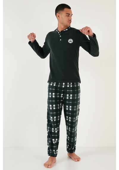 Buratti Ekoseli Regular Fit Düğmeli Bisiklet Yaka Kışlık Polar Erkek Pijama Takımı 60961002 Yeşil