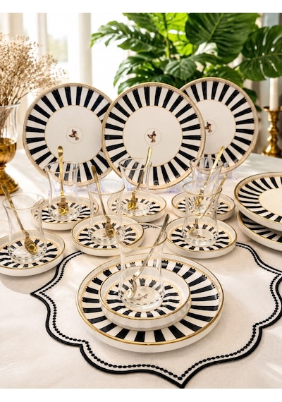 18 Parça Modern Piano Black Bird Pasta Çay Saati Seti-5231 Siyah