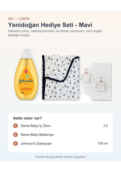 Yenidoğan Hediye Seti 3 Parça: Sema Baby İç Zıbın + Sema Baby Battaniye + Johnson's Şampuan - Mavi