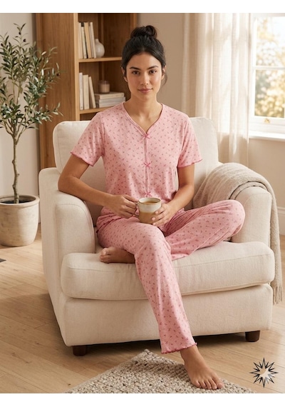 Sleeproom Yazlık Pembe Çiçek Desenli Kısa Kol Penye %100 Pamuk Pijama Takım Pembe Fuşya Çıtır Çiçek