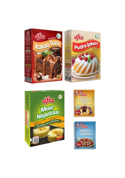 Afia Helal Sertifikalı Kurabiye Malzemeleri Kakao, Pudra Şek., Mısır Niş., Kab. Tozu, Vanilin