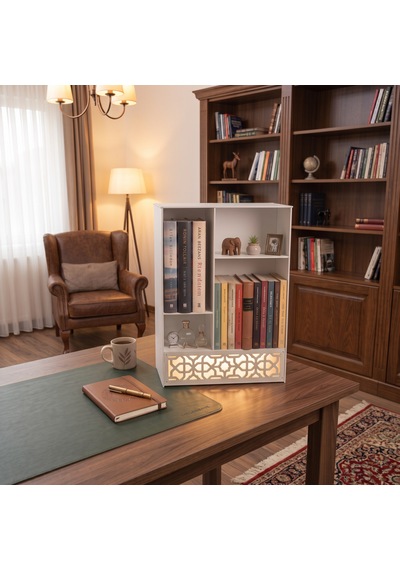 Işıklı Metal Masa Düzenleyici Masaüstü Kitaplık Minimalist Kitap Tutucu Beyaz