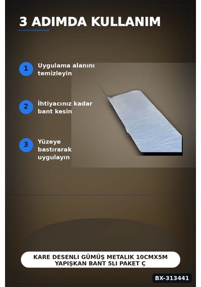 Kare Desenli Gümüş Metalik 10cmx5m Yapışkan Bant 5li Paket Çatı Duvar Boru Onarım Bx-313441 6997 Kare Desenli Gümüş Metalik 10cmx5m Yapışkan Bant 5li Paket Çatı Duvar Boru Onarım Bx-313441 6997