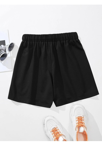 Letter Graphic Drawstring Waist Şort Siyah