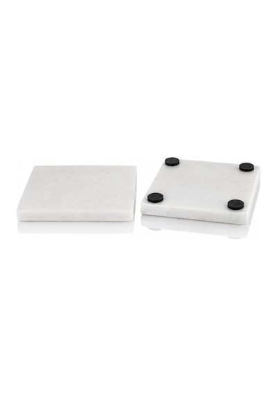 Arvale 2'li Doğal Beyaz Mermer Bardak Altlığı 10x10 Cm Kaymaz Kauçuk Ayaklı Lüks Masa Altlığı